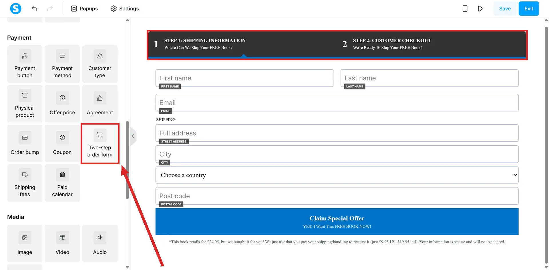 The systeme.io page editor on an order form step, with the Two-step order form tile and the element's header strip highlighted.