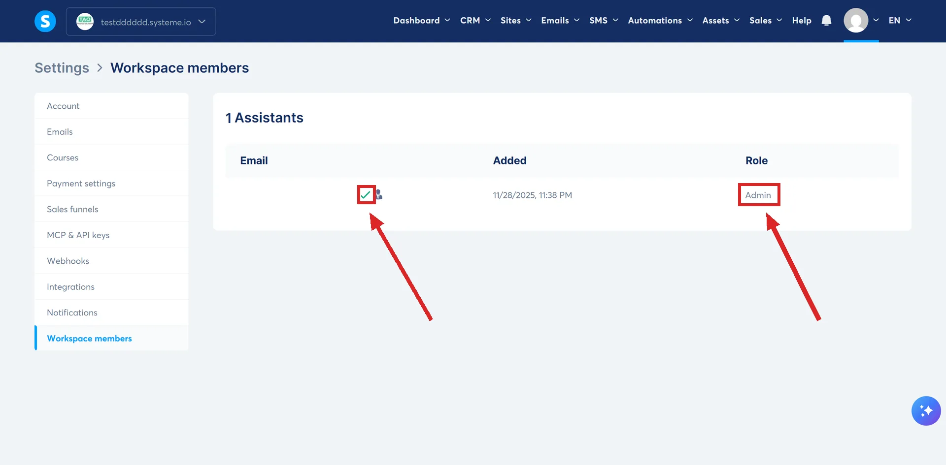 The Workspace members screen under Settings in systeme.io, with a member's green tick and their Admin role highlighted.