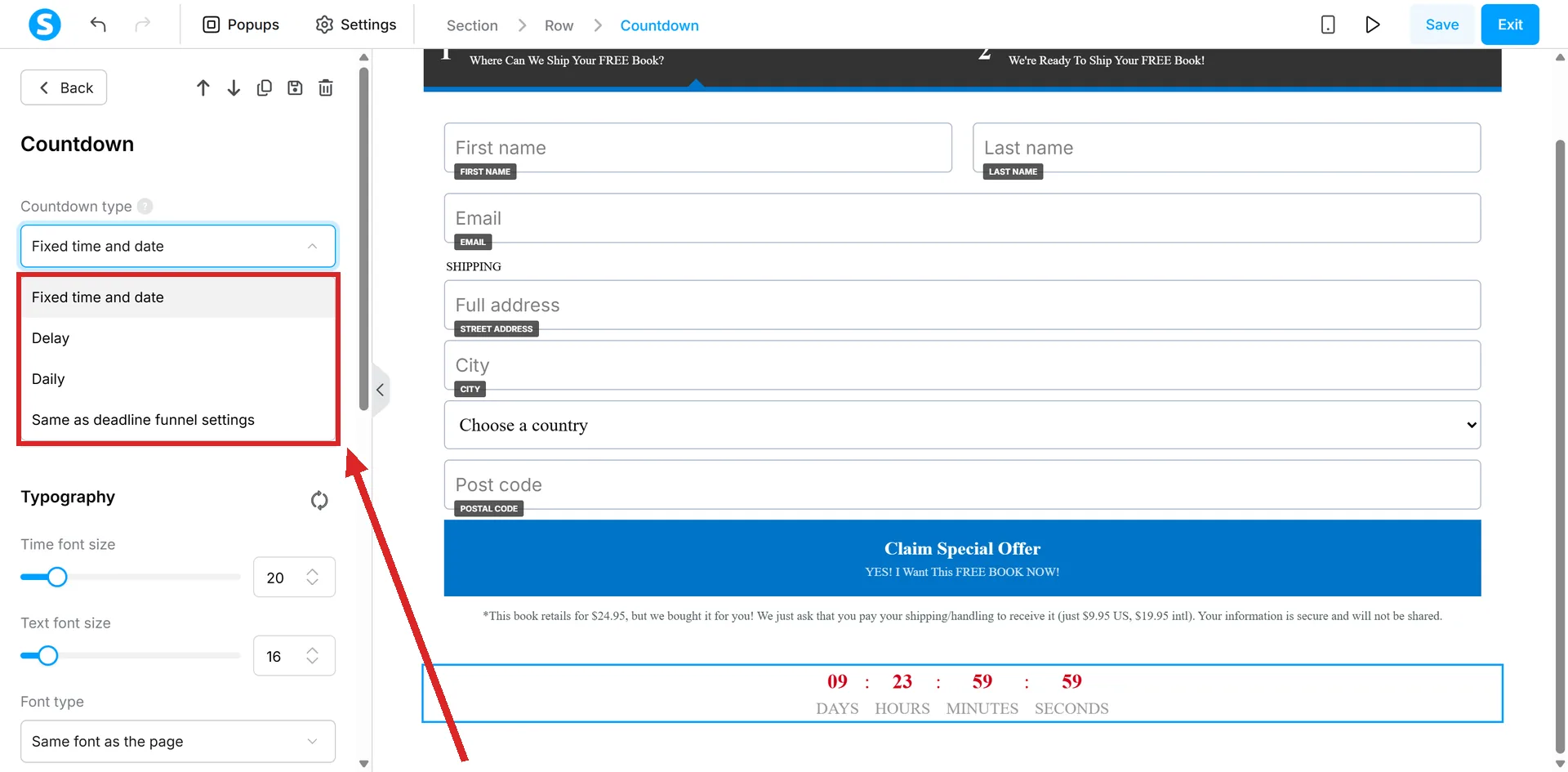 The systeme.io page editor with a Countdown element selected, and its Countdown type dropdown open with four options highlighted.