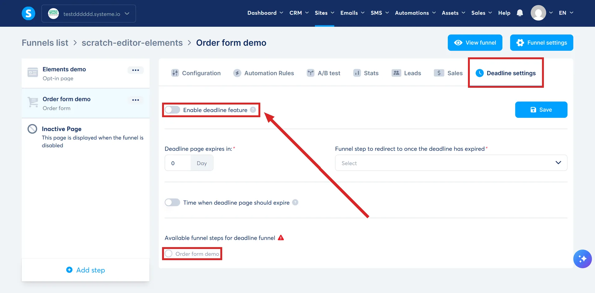 A funnel's Deadline settings tab in systeme.io, with the Enable deadline feature switch and the list of available steps highlighted.