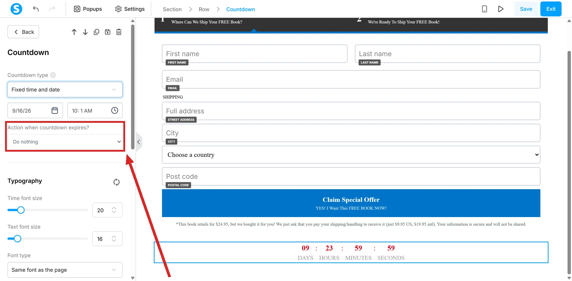 The systeme.io Countdown settings panel, with the Action when countdown expires setting highlighted.
