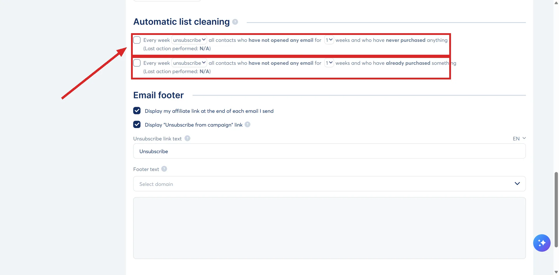 The Automatic list cleaning rows under Settings, then Emails, in systeme.io, highlighted.