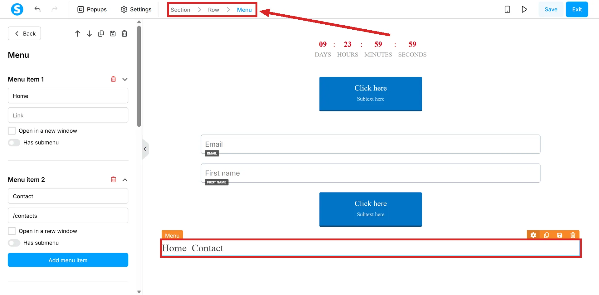 The systeme.io page editor with a menu element selected, and the Section, Row, Menu breadcrumb in the top bar highlighted.