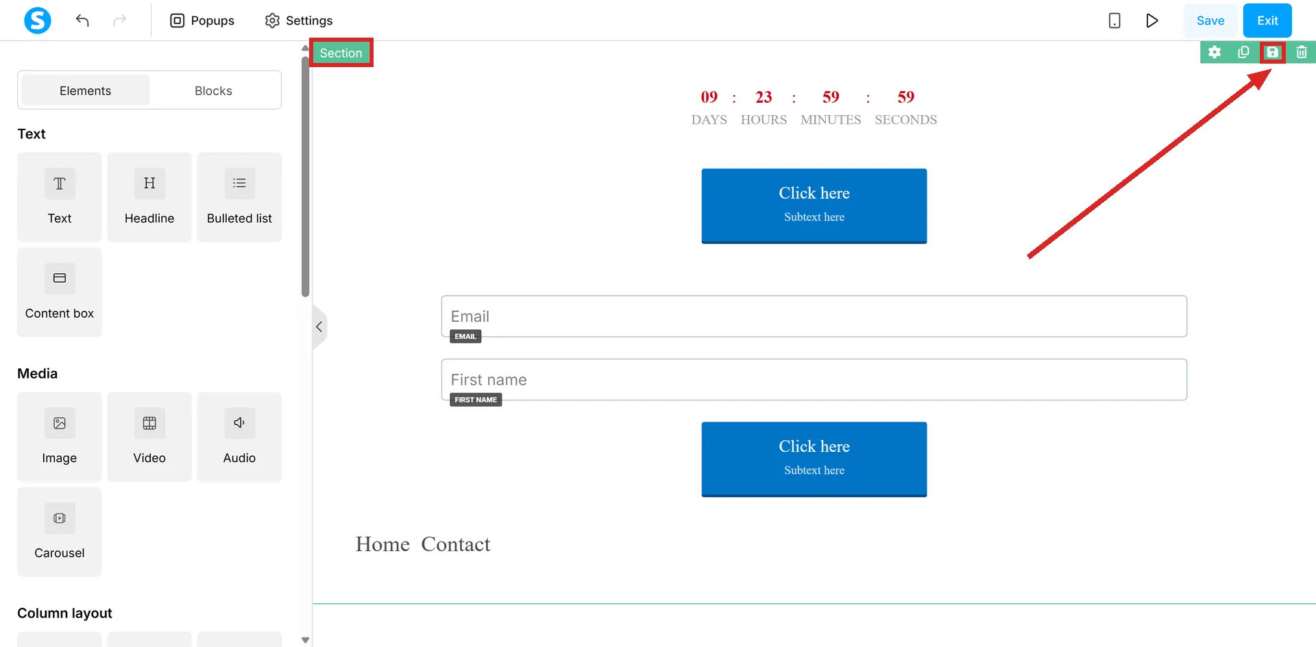 A section selected in the systeme.io page editor, with its green Section tag and the floppy disk icon on its toolbar highlighted.
