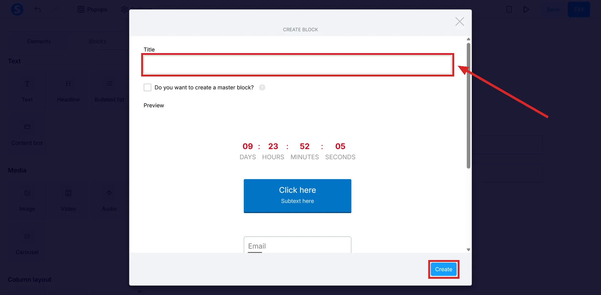 The Create block window in systeme.io, with the Title field and the Create button highlighted.