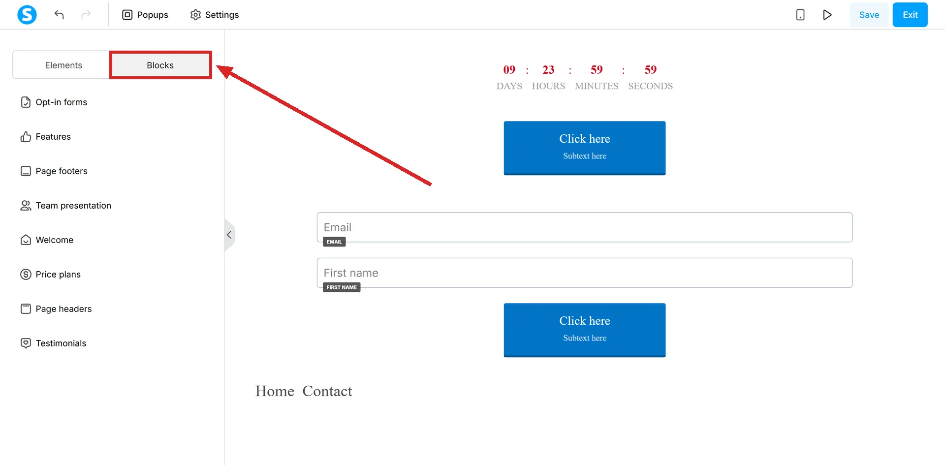 The systeme.io editor's left panel switched to Blocks, with the Blocks option highlighted.