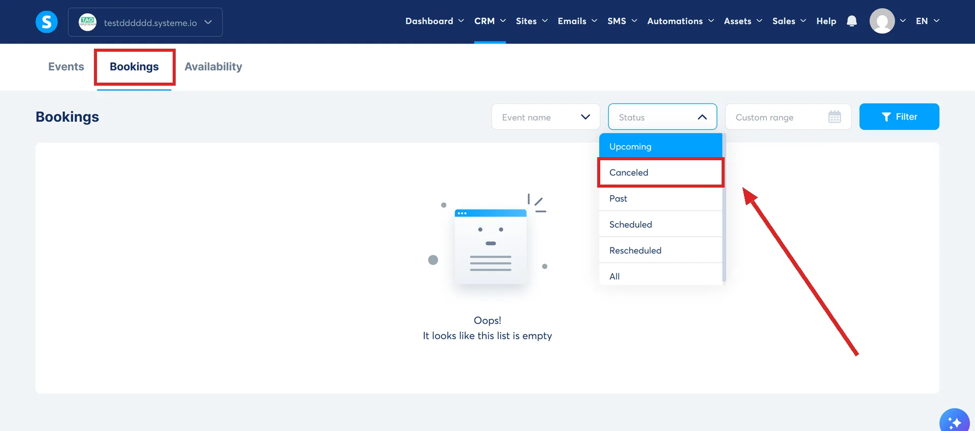 The Bookings tab under CRM, then Calendar, in systeme.io, with the Status filter open and Canceled highlighted.