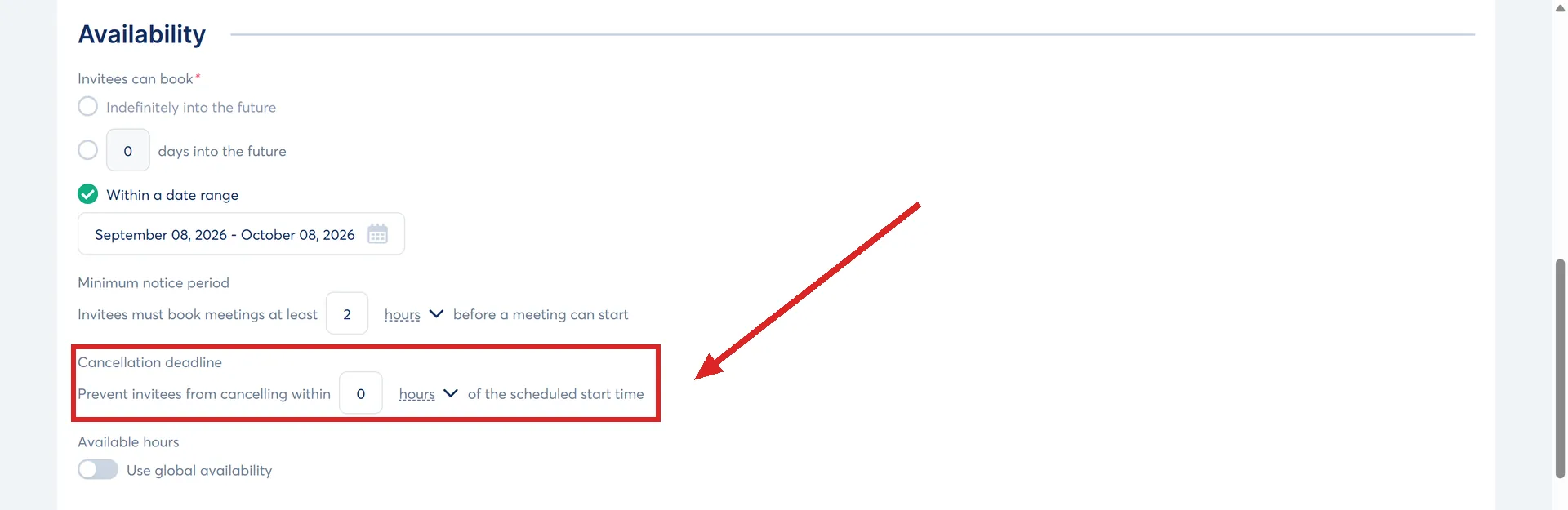 The Availability section of a systeme.io calendar event, with the Cancellation deadline setting highlighted.