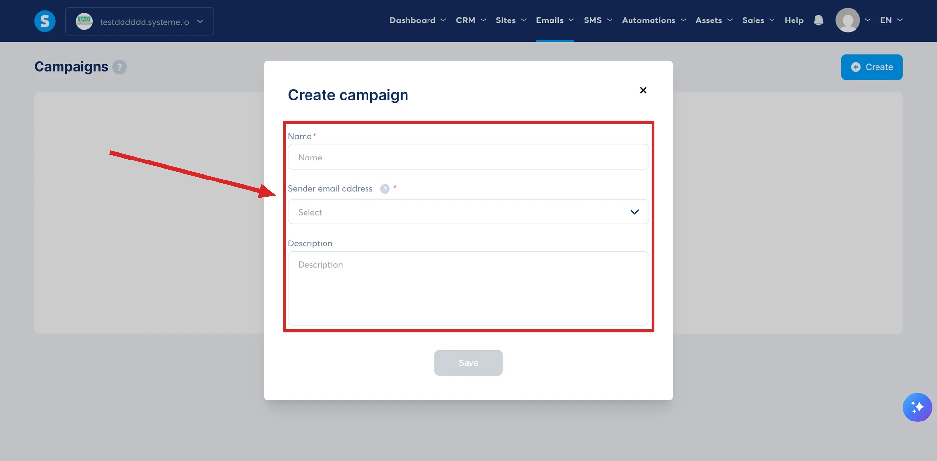 The Create campaign dialog in systeme.io, with the Name, Sender email address and Description fields highlighted.