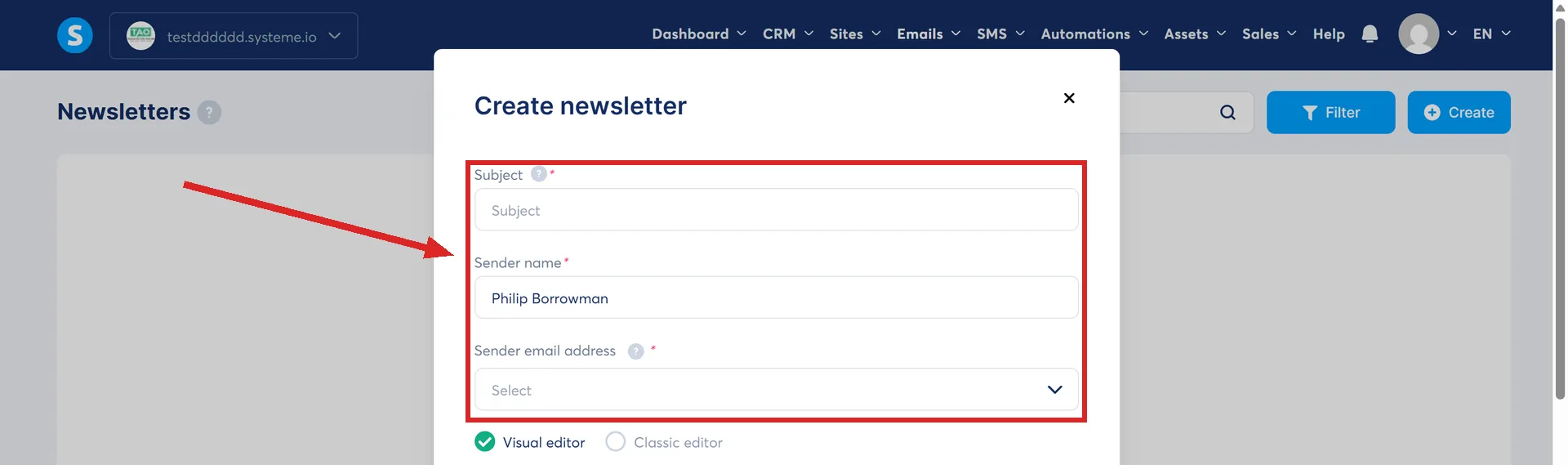 The Create newsletter dialog in systeme.io, with the Subject, Sender name and Sender email address fields highlighted.