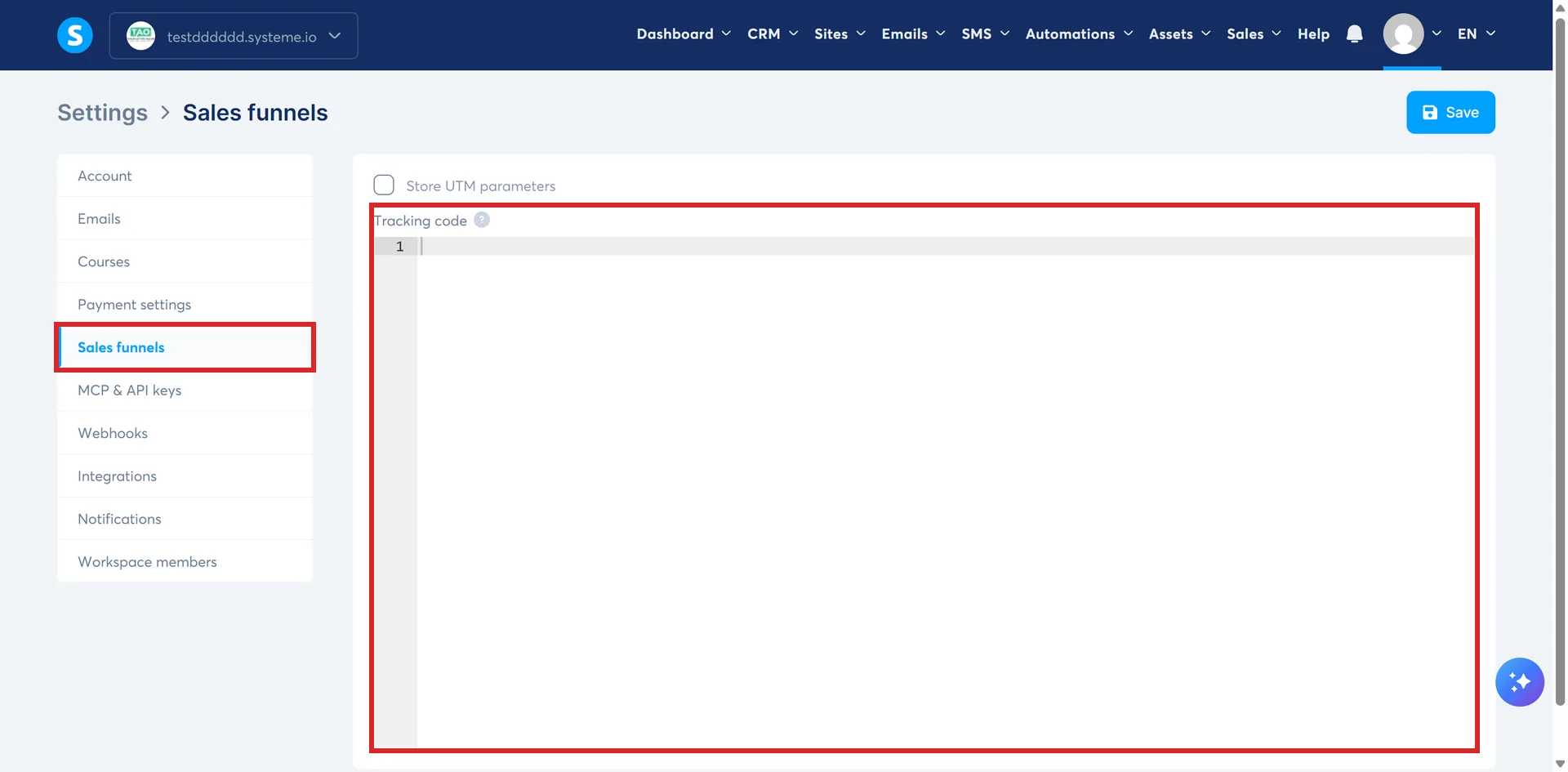 The Settings, then Sales funnels screen in systeme.io, with the menu entry and the Tracking code field highlighted.