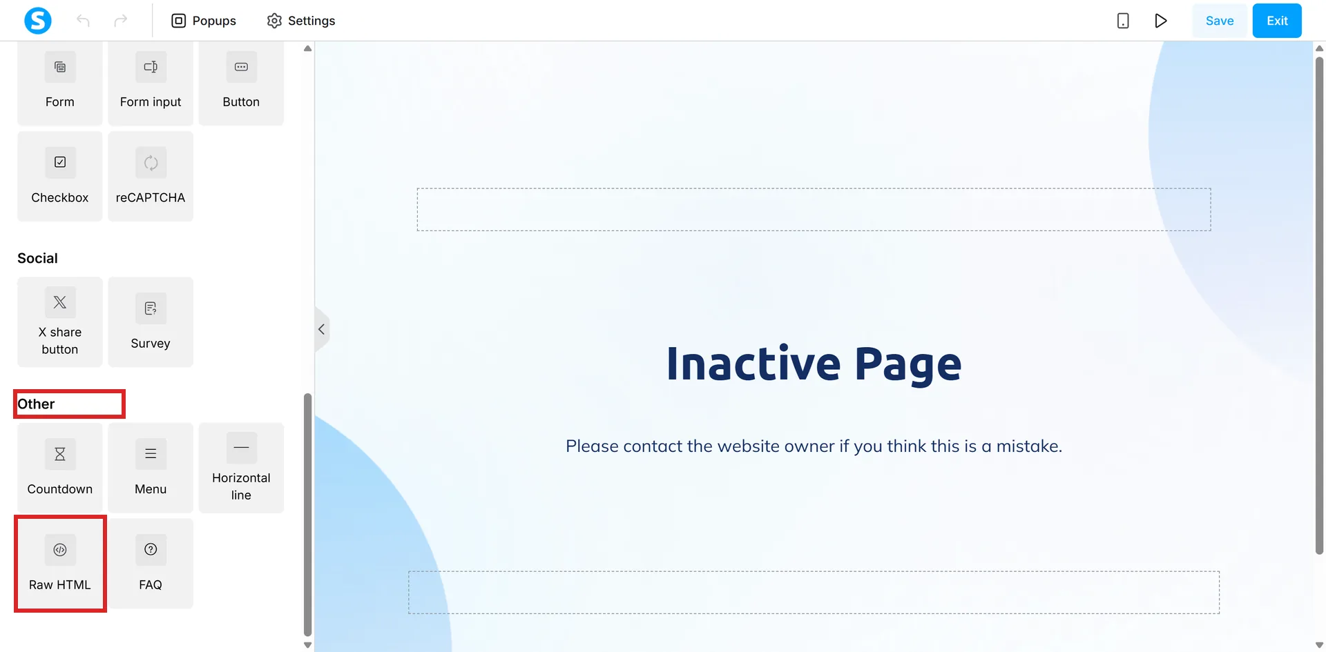 The systeme.io page editor's element panel, with the Other group and its Raw HTML tile highlighted.