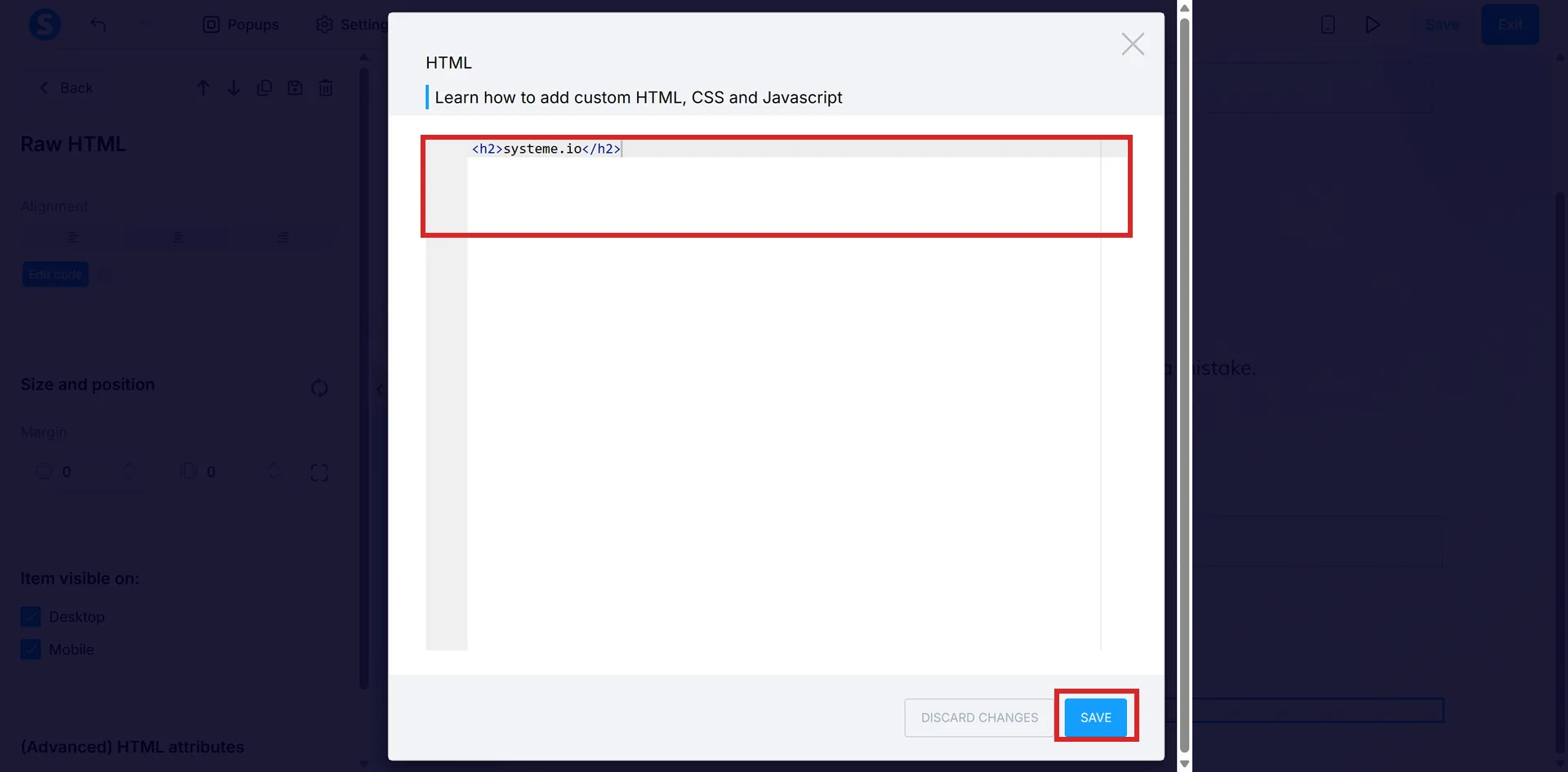 The HTML code box in systeme.io, with the code area and the Save button highlighted.