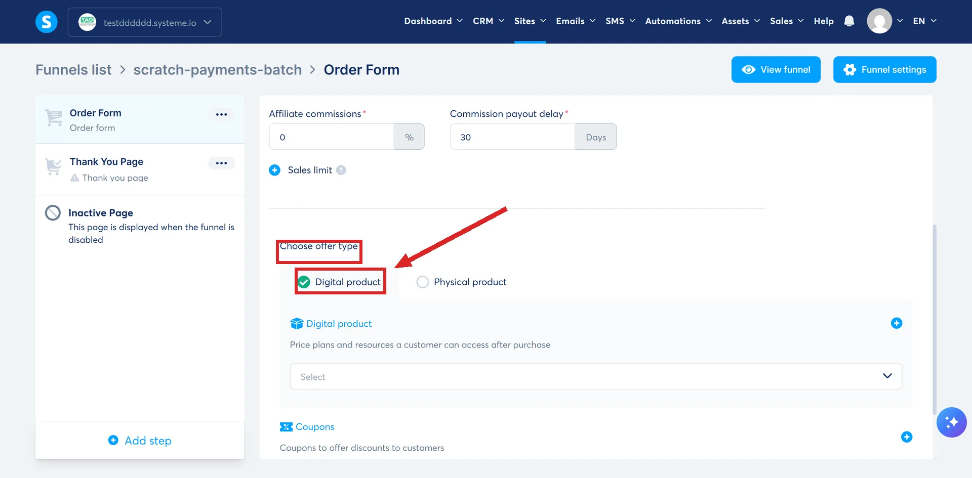The Configuration tab of a systeme.io order form, with Choose offer type and the ticked Digital product option highlighted.