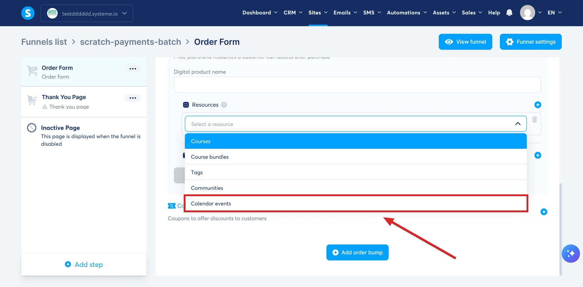 The Resources dropdown inside a systeme.io digital product, with Calendar events highlighted.