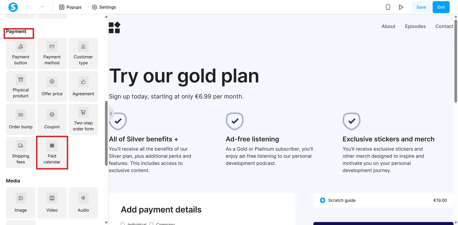 The systeme.io page editor's element panel scrolled to the Payment group, with the Paid calendar tile highlighted.
