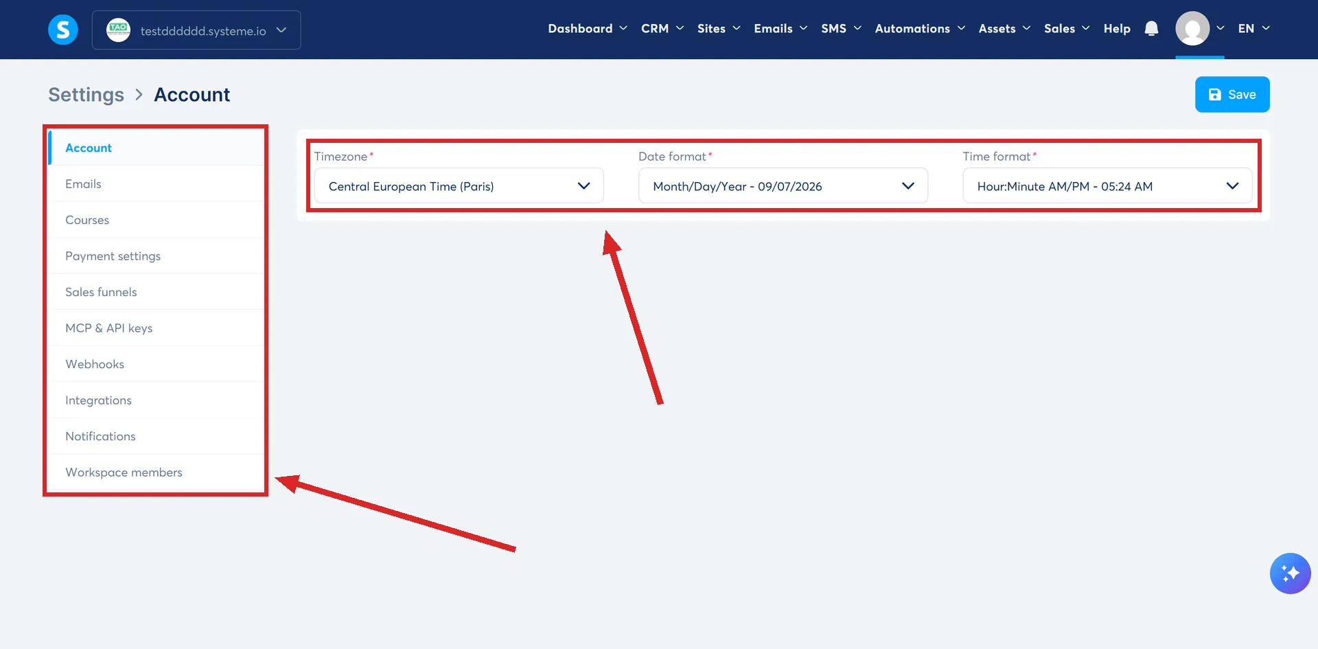 The Account page under Settings in systeme.io, with the settings menu and the Account page highlighted.