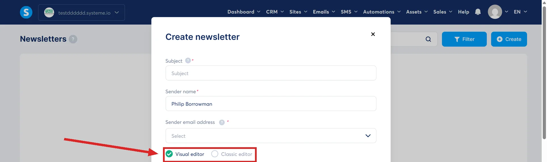 The foot of the systeme.io Create newsletter dialog, with the Visual editor and Classic editor options highlighted.