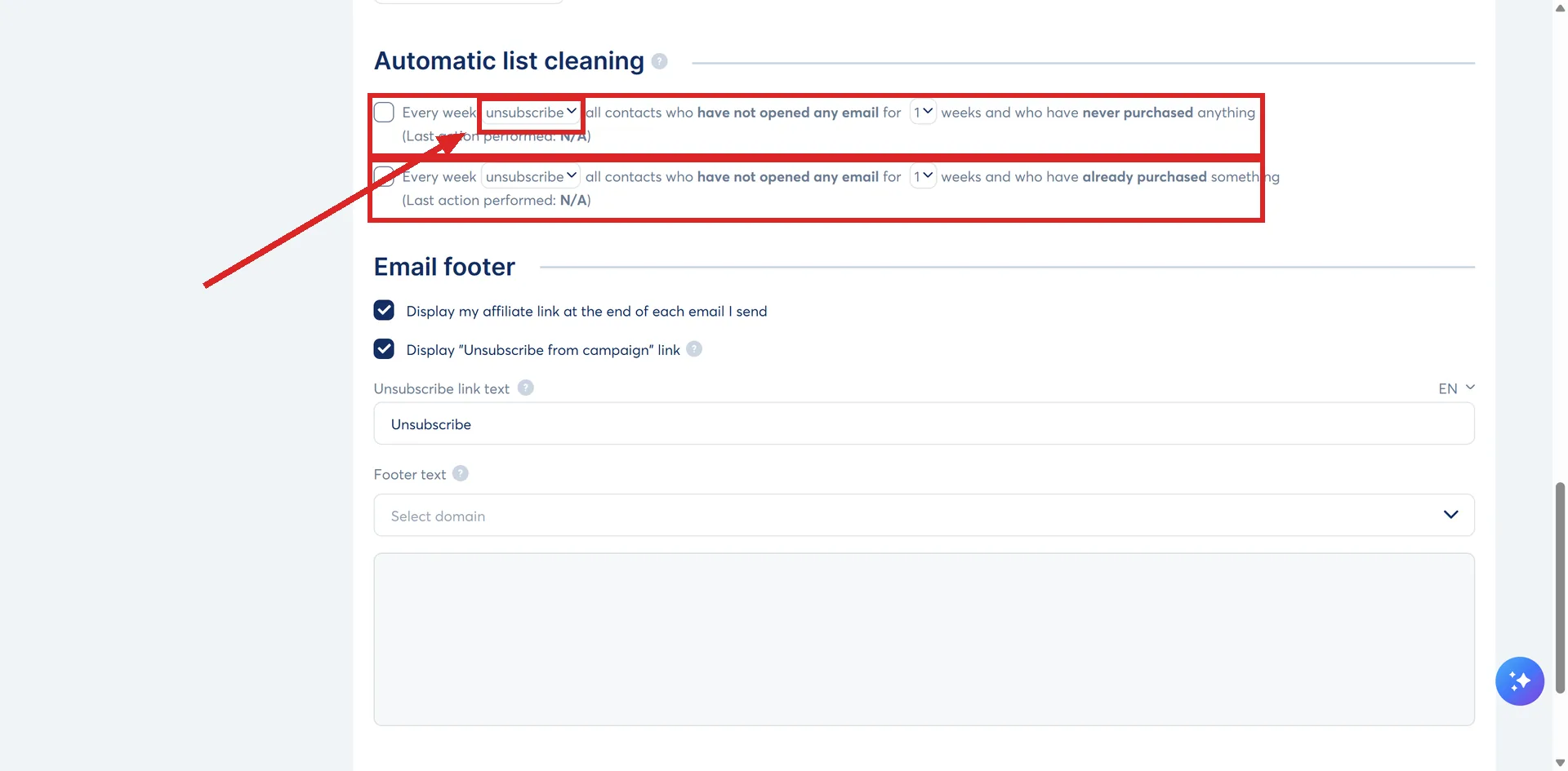 The Automatic list cleaning rows under Settings, then Emails, in systeme.io, with both rows and the first row's dropdown highlighted.