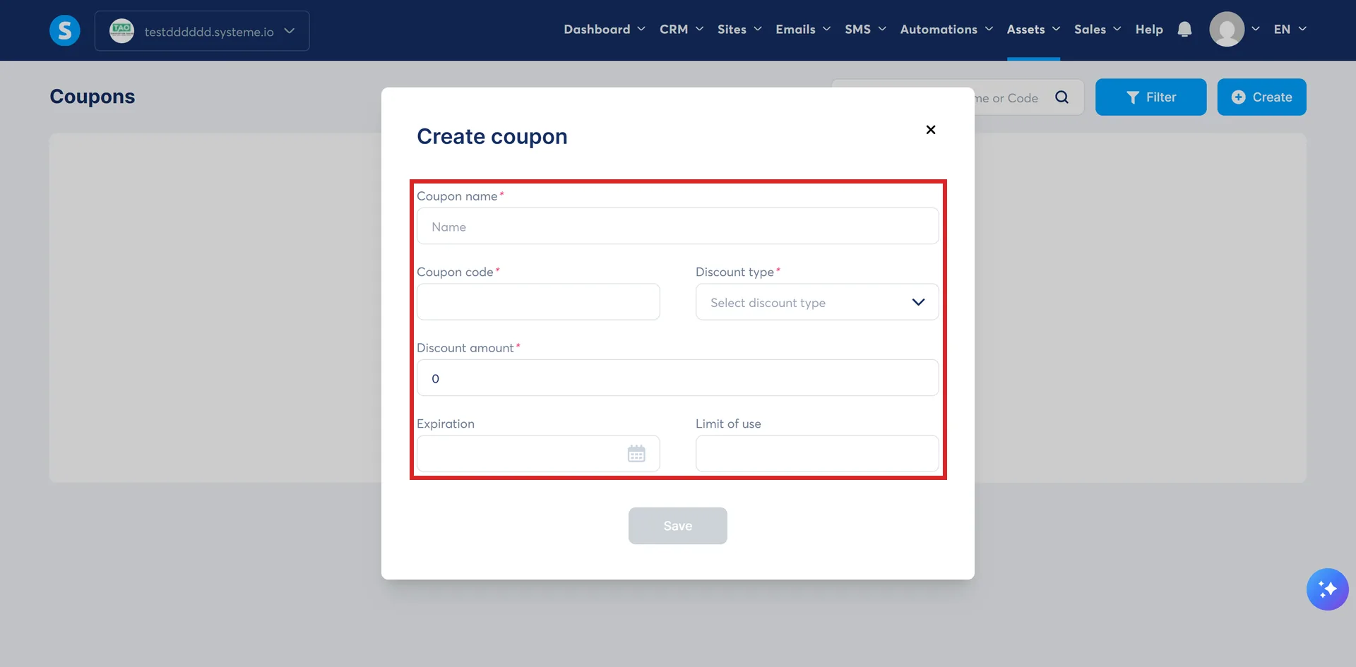 The empty Create coupon dialog in systeme.io, with all six of its fields highlighted.