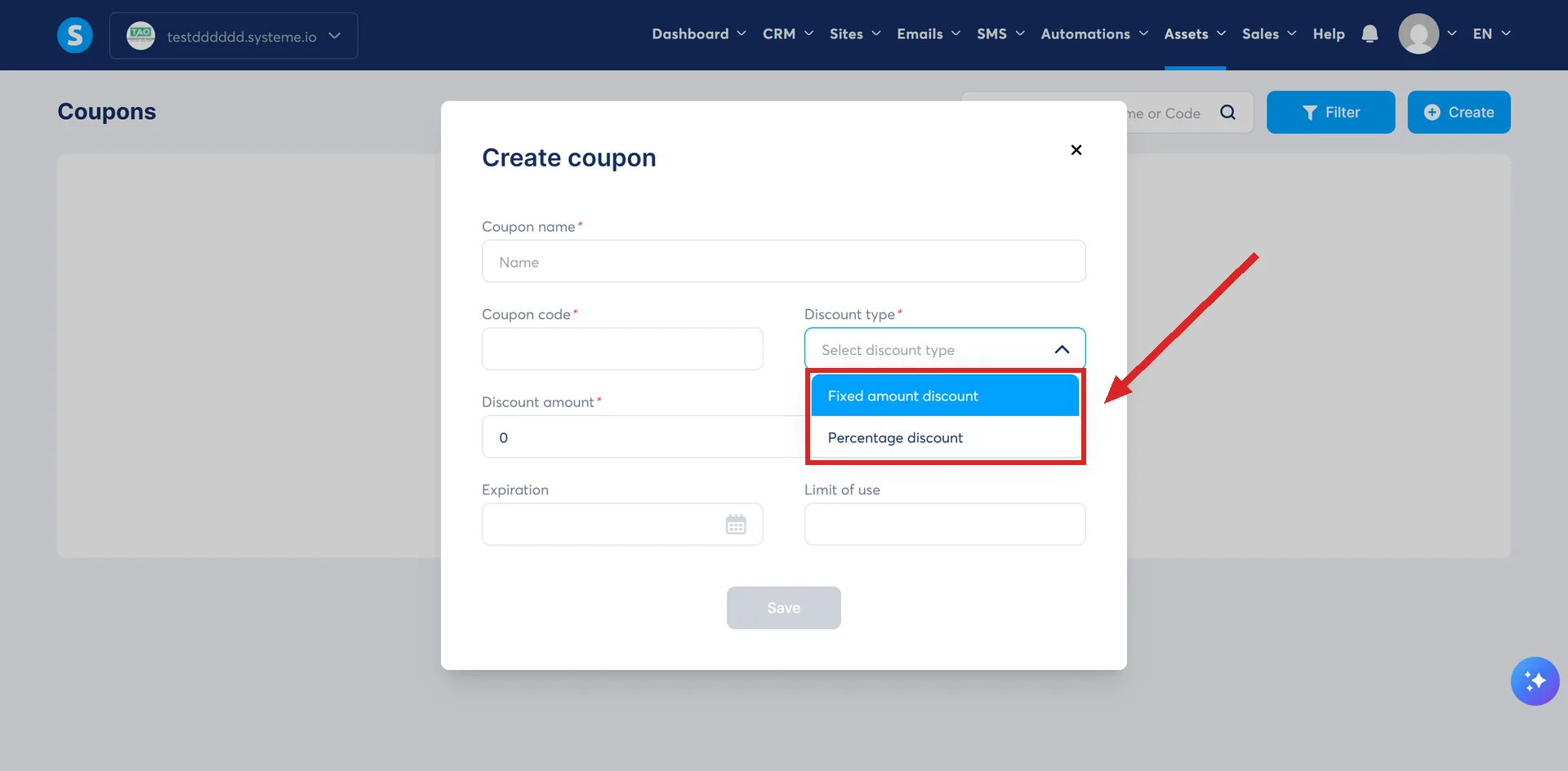 The Discount type list open on the systeme.io Create coupon dialog, with its two options highlighted.