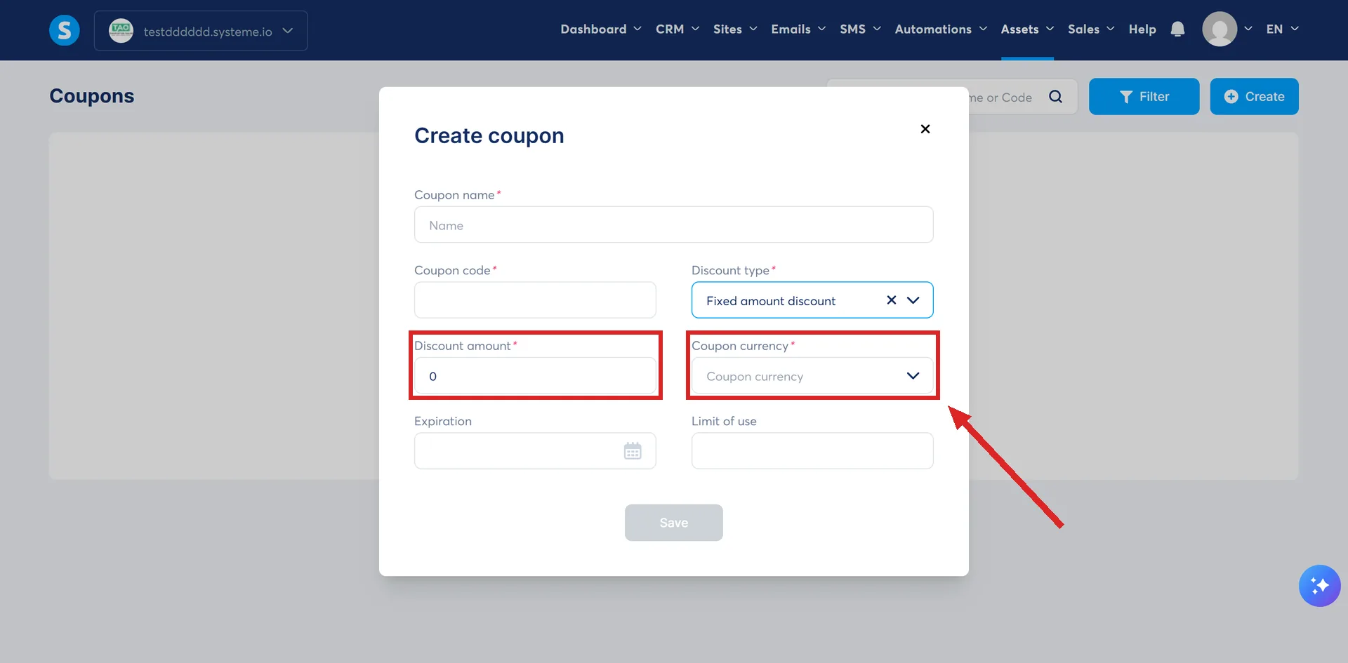The systeme.io Create coupon dialog set to Fixed amount discount, with the Discount amount and Coupon currency fields highlighted.
