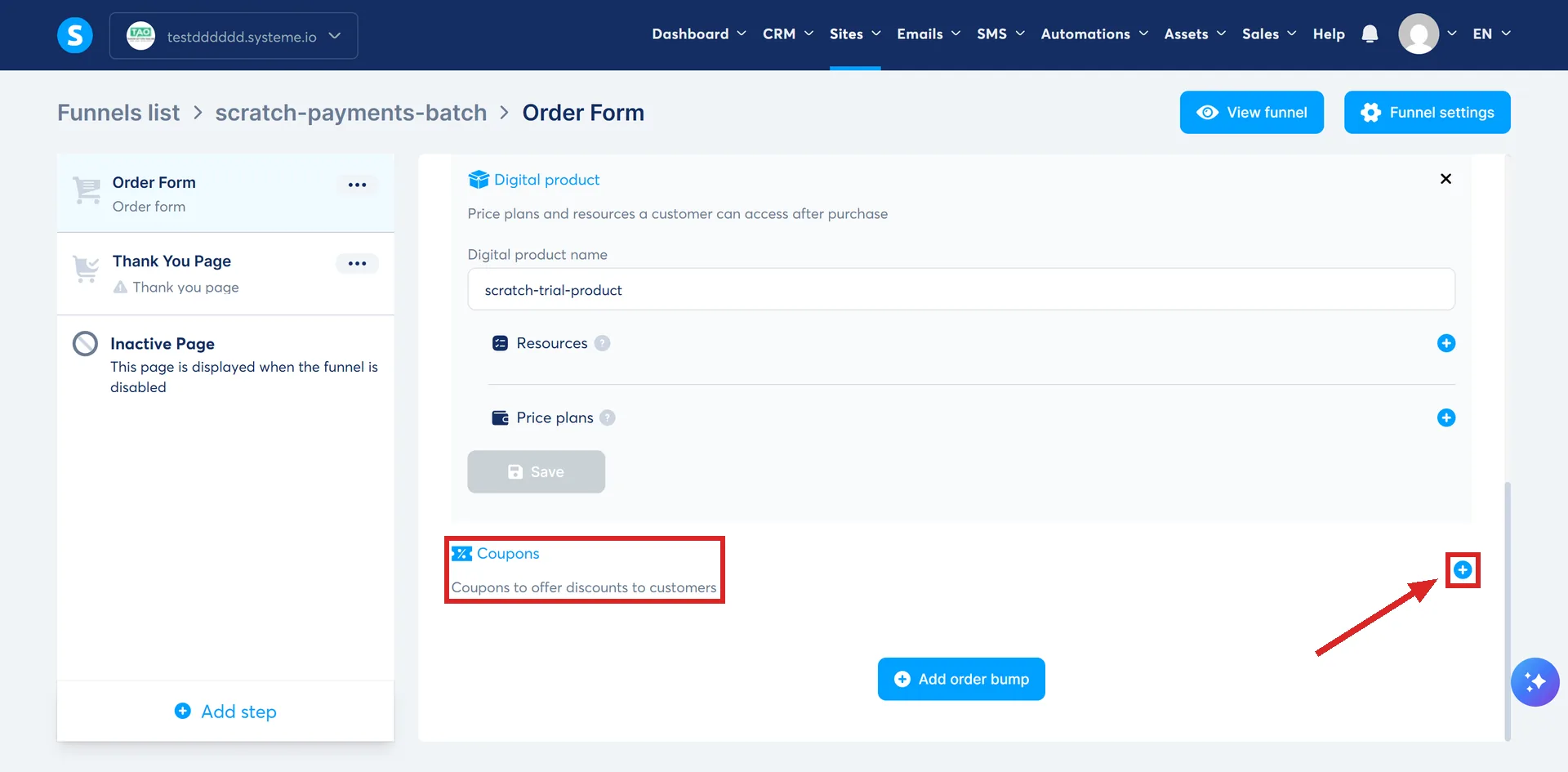 The Configuration tab of a systeme.io order form step, with the Coupons heading and its small blue plus icon highlighted.