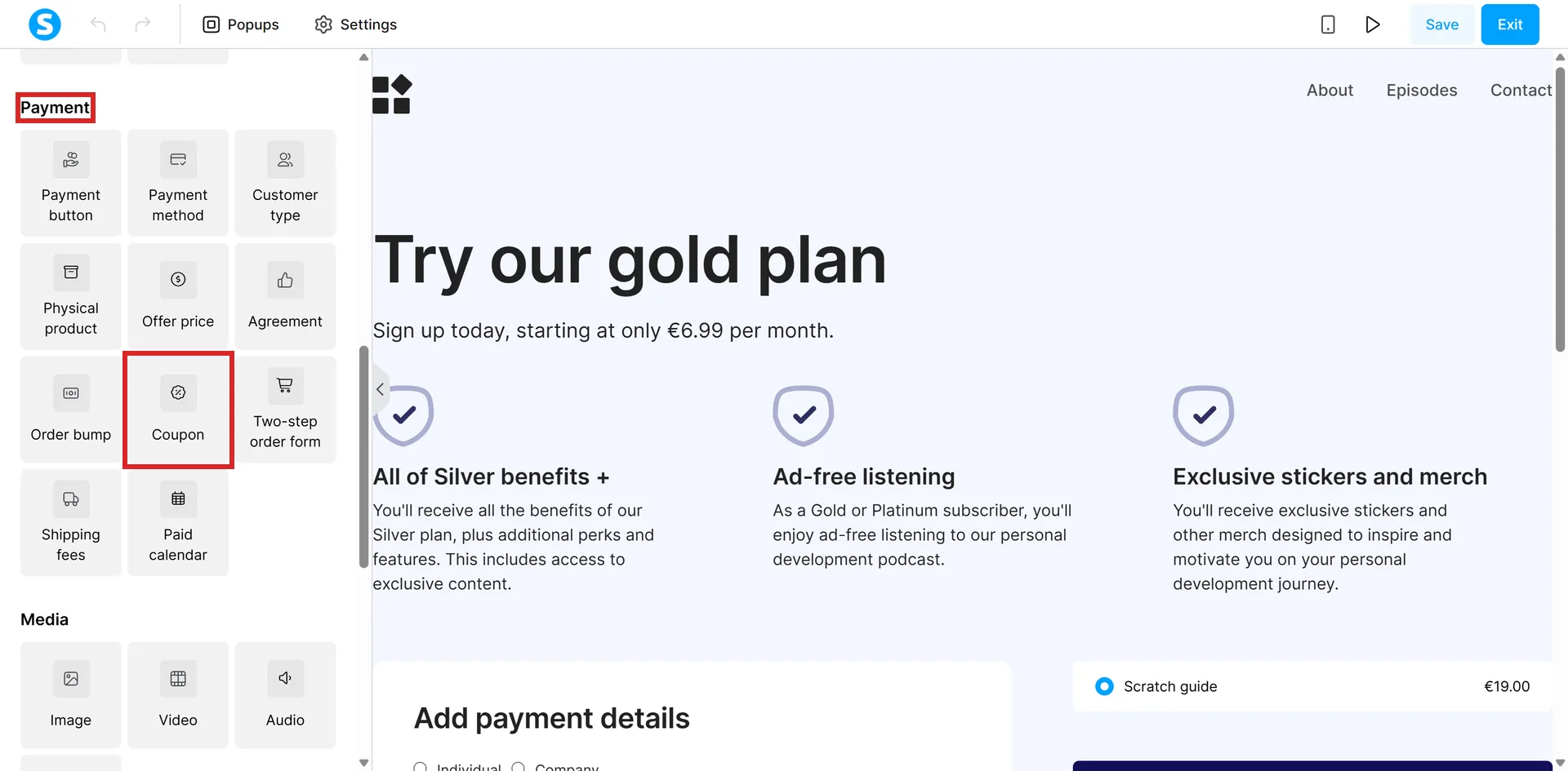 The systeme.io page editor's element panel, with the Payment group and its Coupon tile highlighted.