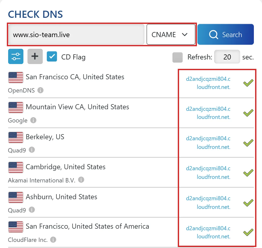 DNS Checker's CNAME lookup for www.sio-team.live, with the name box and CNAME type marked, and the value and green tick on each server row marked.
