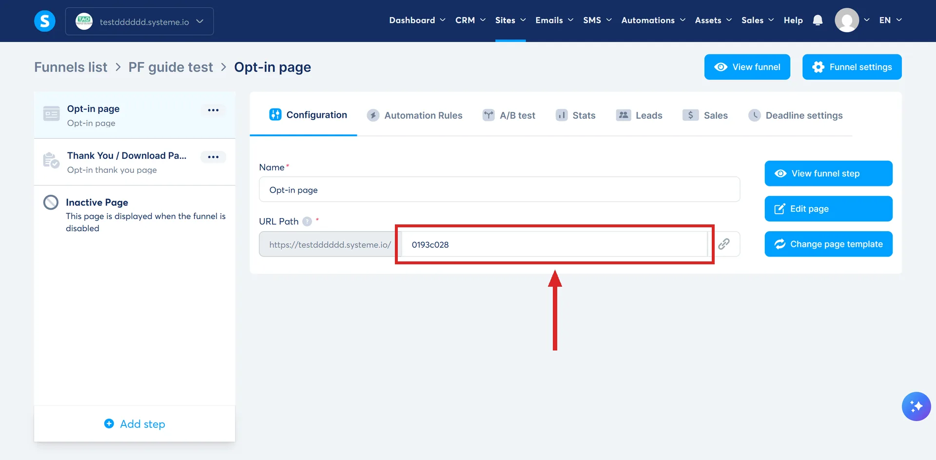 A funnel page's Configuration tab in systeme.io, with the URL Path field marked beside the greyed-out domain.