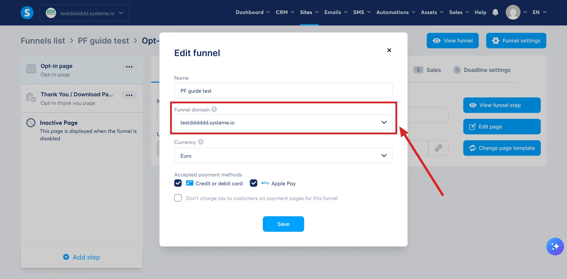 The Edit funnel popup that Funnel settings opens in systeme.io, with the Funnel domain field marked.