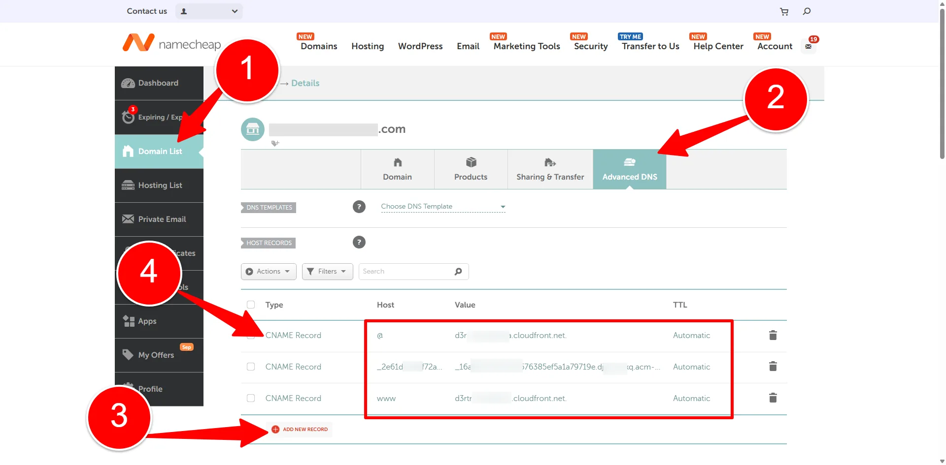 A Namecheap domain's Advanced DNS page, with Domain List, the Advanced DNS tab, Add new record and the CNAME Record type marked 1 to 4.