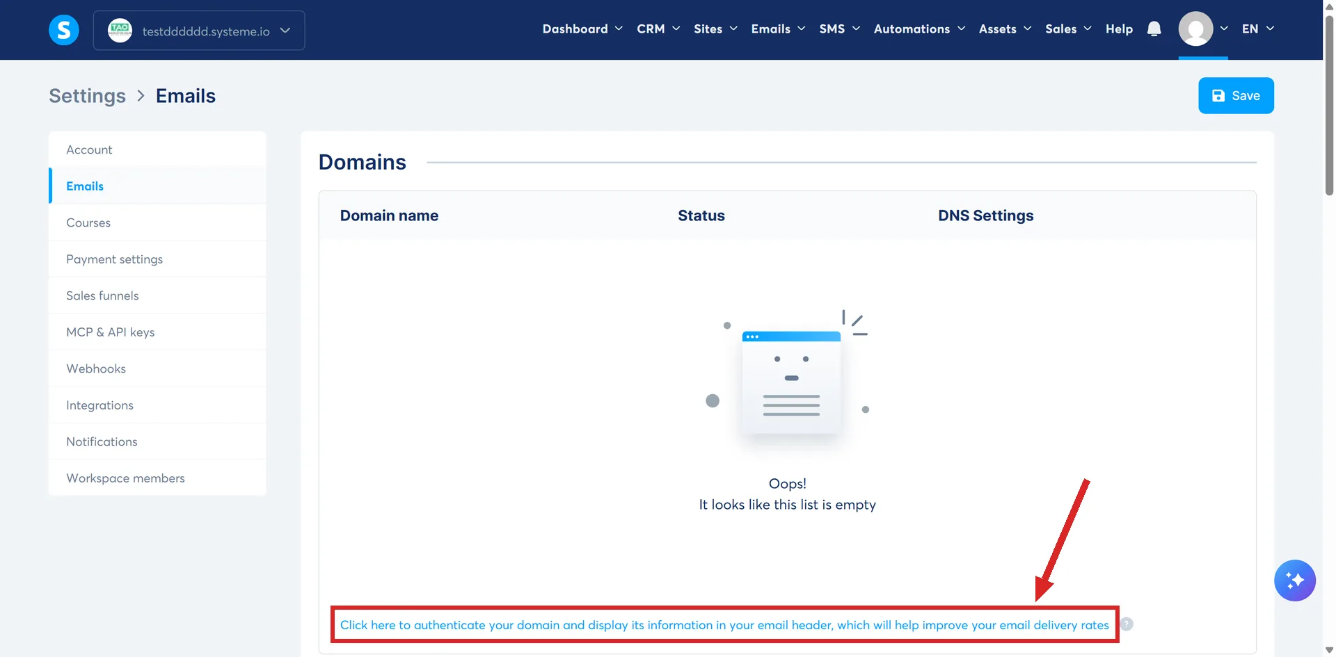 The Domains section of the systeme.io Emails settings, with the Click here to authenticate your domain link marked.