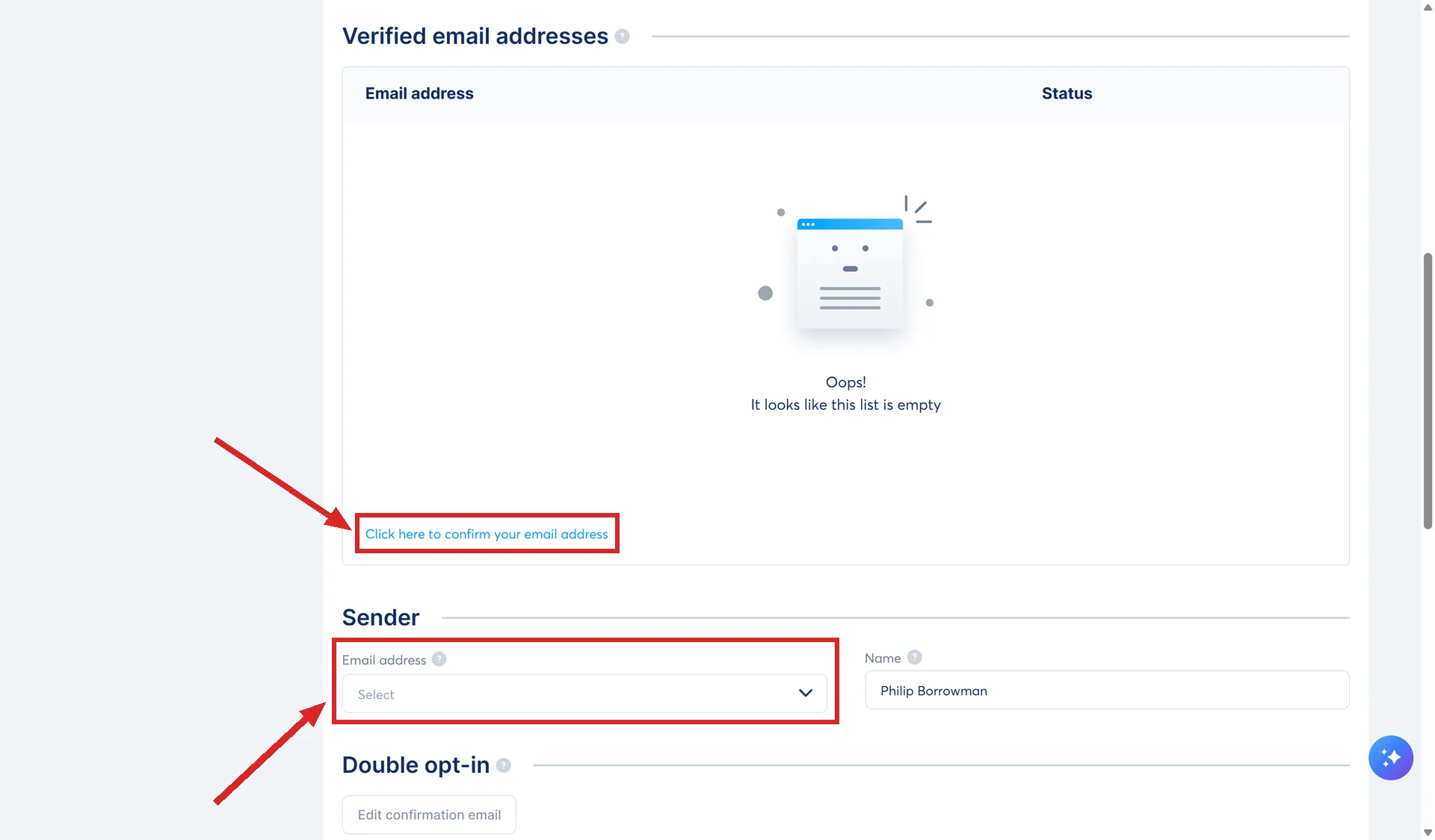 The Verified email addresses and Sender sections of the systeme.io Emails settings, with the confirm link and the sender Email address field marked.