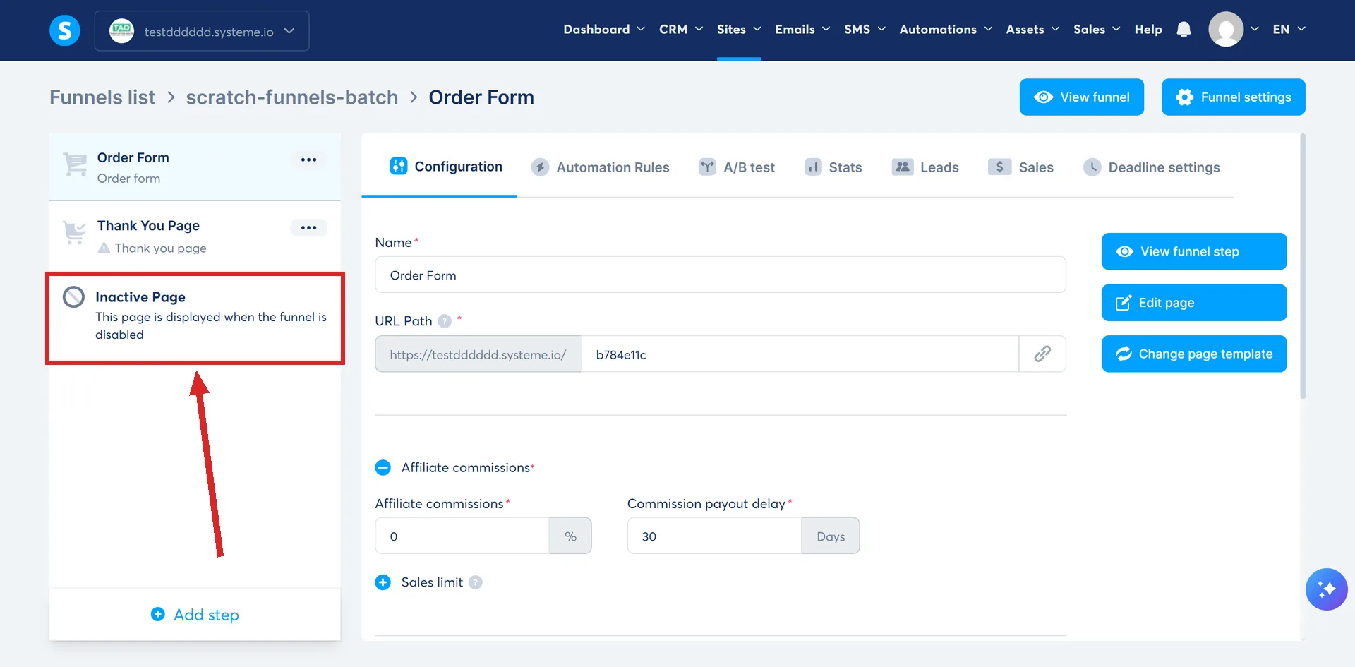 A funnel's step list in systeme.io, with the Inactive Page entry highlighted.