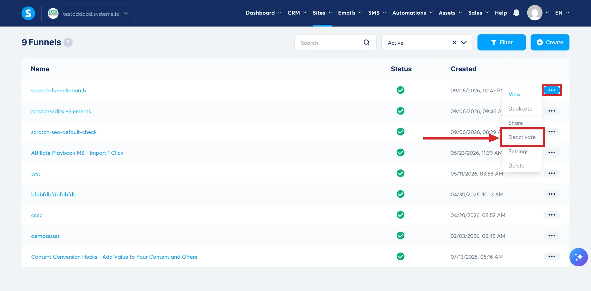 The systeme.io Sales funnels list with a funnel's three-dot menu open and Deactivate highlighted.