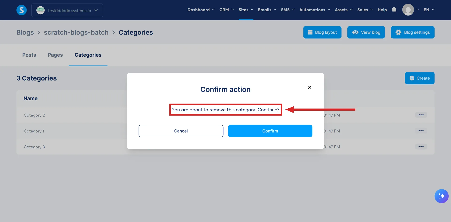 The confirmation systeme.io shows for deleting a blog category, with its one sentence highlighted.