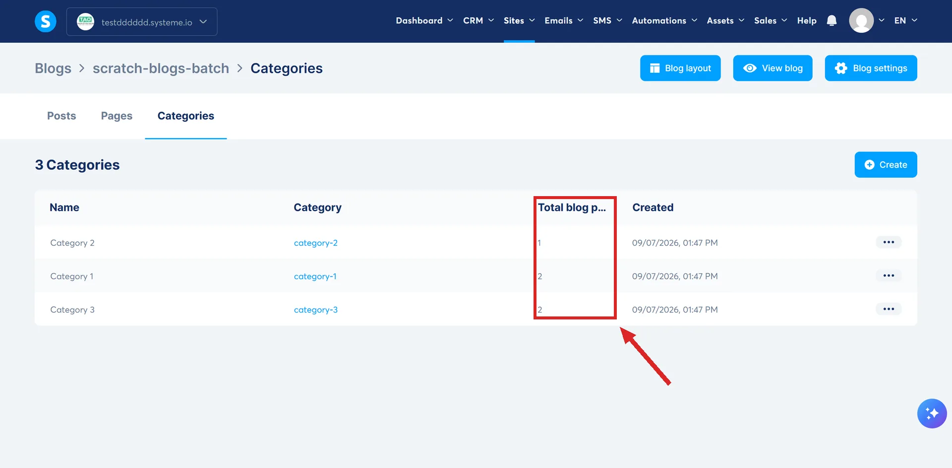 The systeme.io blog Categories list, with the Total blog posts column highlighted.