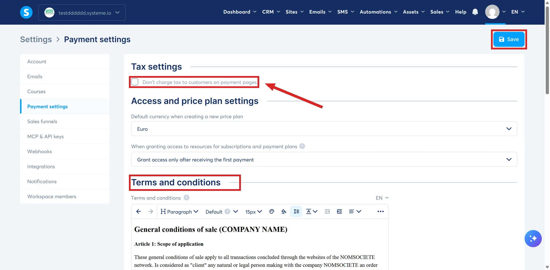 The Payment settings page in systeme.io, with the Save button, the tax tick box and the Terms and conditions heading highlighted.