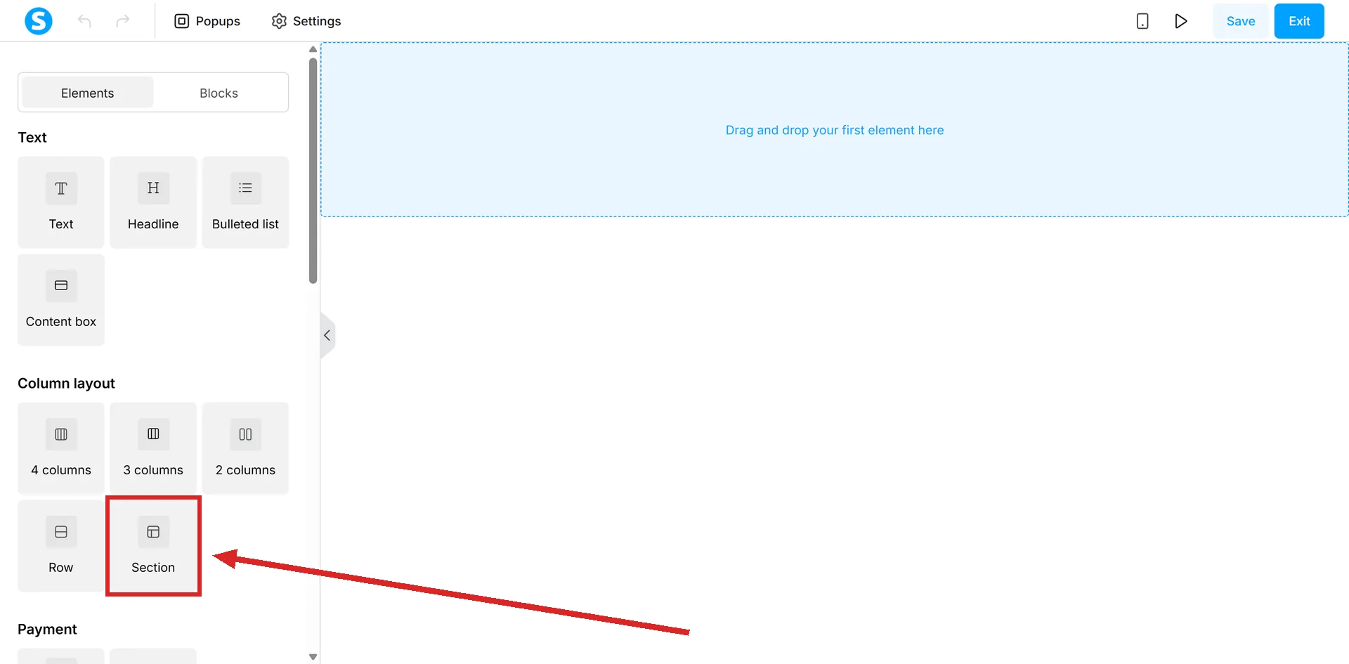 The systeme.io page editor on a blank page, with the Section tile highlighted in the left panel.
