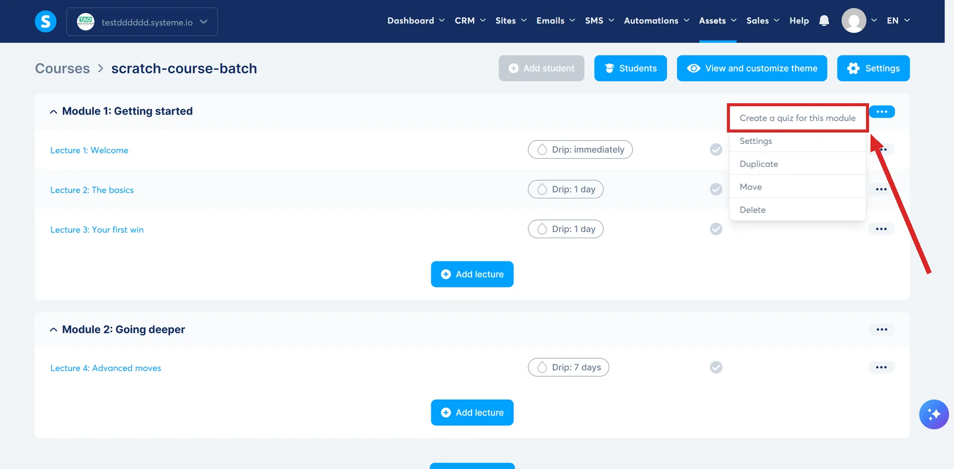 A module's three-dot menu open in systeme.io, with Create a quiz for this module highlighted.