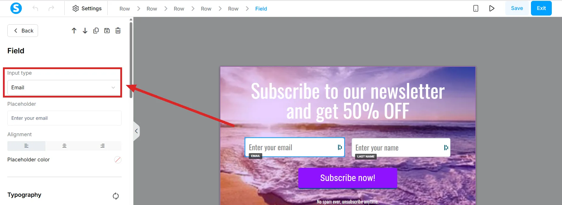 The systeme.io page editor with a form field selected, and the Input type dropdown highlighted reading Email.