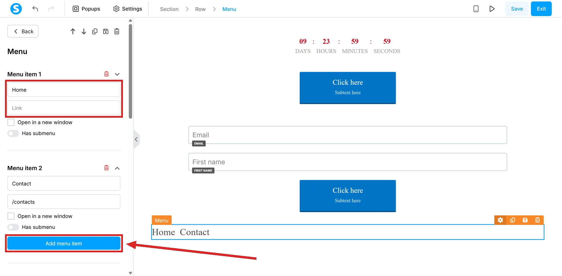 The systeme.io page editor with a Menu element selected, and the first menu item's fields and the Add menu item button highlighted.