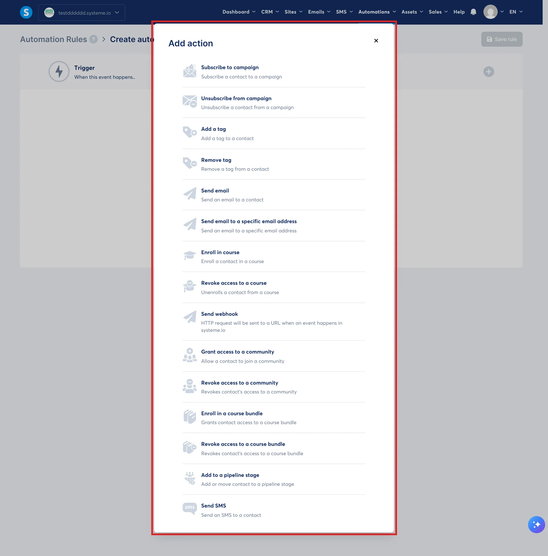 The complete Add action list inside a systeme.io automation rule, highlighted as a whole.