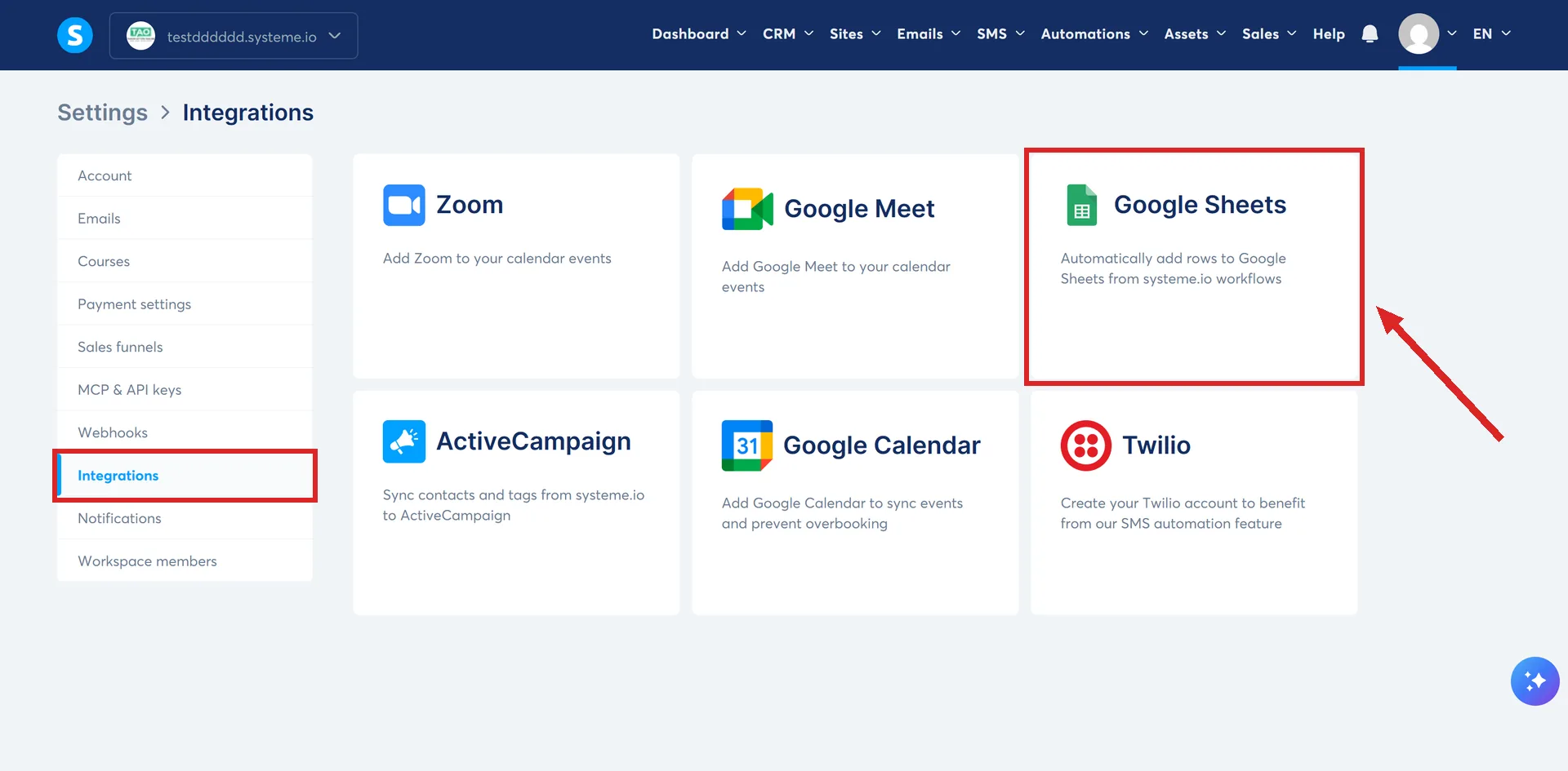 The Integrations page under Settings in systeme.io, with the Google Sheets tile highlighted.