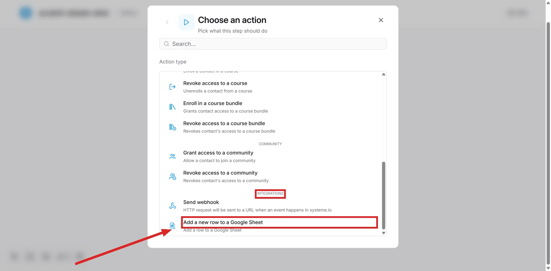 The Choose an action panel inside a systeme.io workflow step, with the INTEGRATIONS heading and Add a new row to a Google Sheet highlighted.