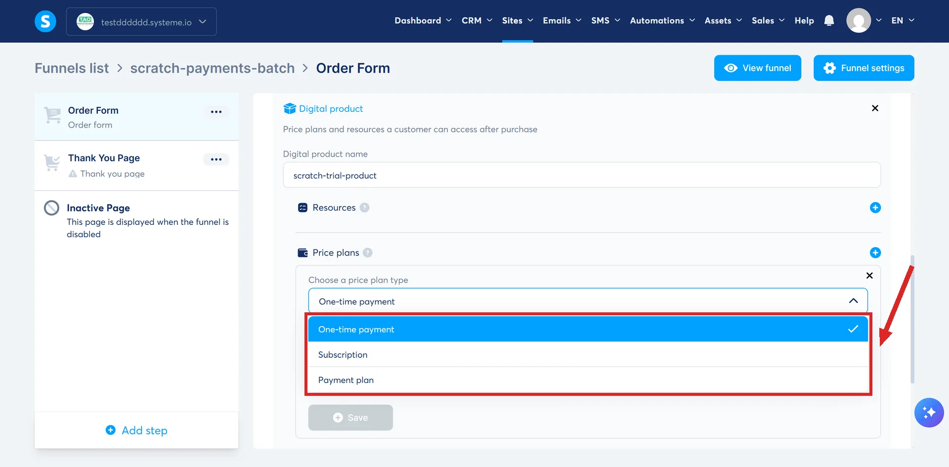The price plan type list open on a systeme.io order form, with its three options highlighted.