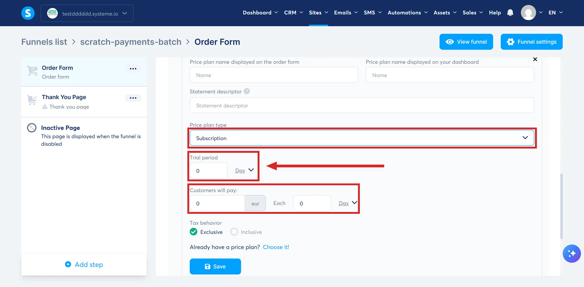 A new systeme.io price plan set to Subscription, with the plan type, the Trial period block and the Customers will pay block highlighted.
