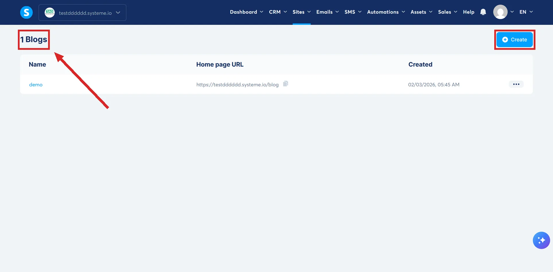 The Blogs list under the Sites menu in systeme.io, with the 1 Blogs heading and the Create button highlighted.