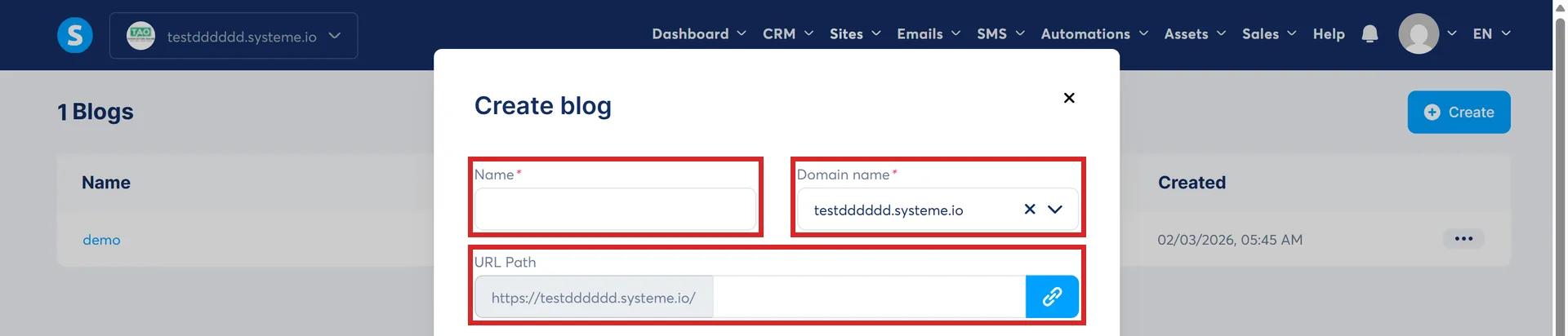 The top of the Create blog popup in systeme.io, with the Name, Domain name and URL Path fields highlighted.